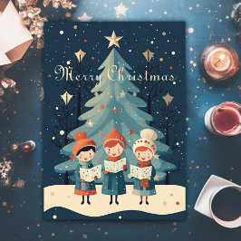 Cartão De Festividades Canto de Natal Vintage Meados do Século Retrô