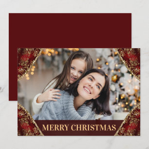 Cartão De Festividades Cantos de Brilho Vermelho e Dourado Foto de Famíli