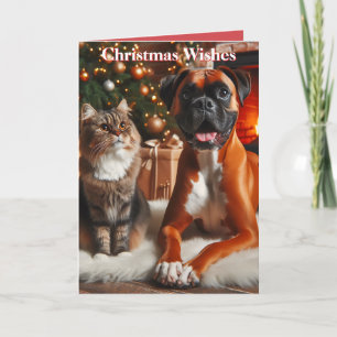 Cartão De Festividades Cão Boxer e Gato Natal