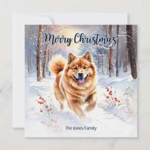 Cartão De Festividades Cão Chow Chow na Neve Aquarela Feliz Natal