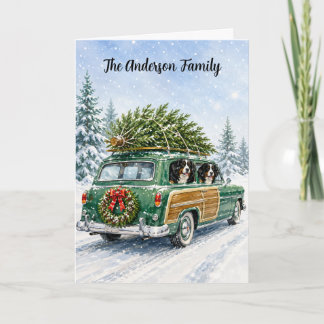 Cartão De Festividades Cão de Montanha Bernês Família Natal Carroça Verde