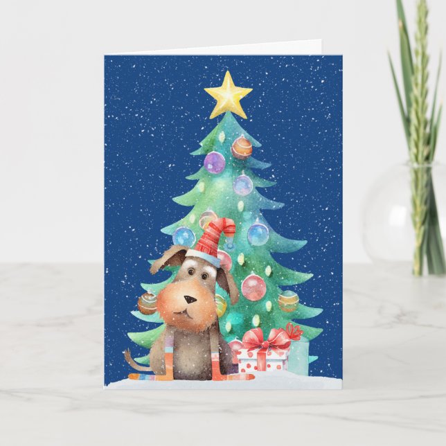 Cartão De Festividades Cão de Natal e Árvore Em Flocos de Neve (Frente)