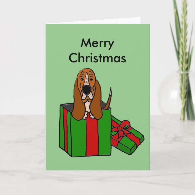 Cartão De Festividades Cão engraçado de Basset Hound no pacote do Natal (Frente)