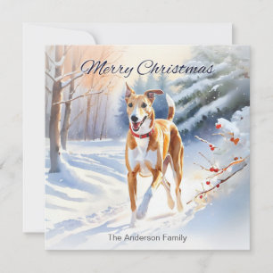 Cartão De Festividades Cão Greyhound Cinza Fawn Vermelho Claro na Neve Na
