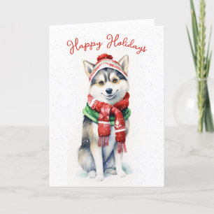 Cartão De Festividades Cão Husky Siberiano de Natal em Flocos de Neve