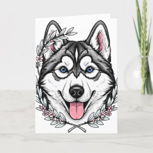 Cartão De Festividades Cão Husky Siberiano E Flor de Laurel da Montanha