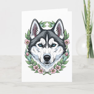 Cartão De Festividades Cão Husky Siberiano e Flores de Laurel da Montanha