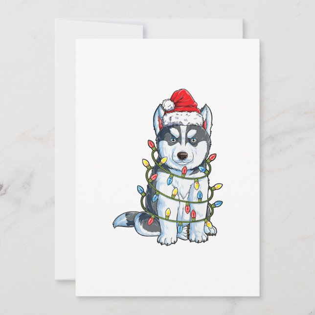 Cartão De Festividades Cão Husky Siberiano Papai Noel Árvore de Natal Luz (Frente)