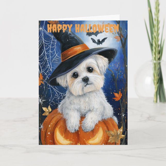 Cartão De Festividades Cão Maltês de Halloween (Frente)