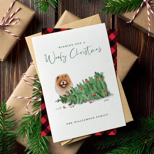 Cartão De Festividades Cão Naufragado Chow Chow Chow Batida Árvore (Naughty Dog Watercolor Chow Chow Knocked Tree Over Holiday Card)