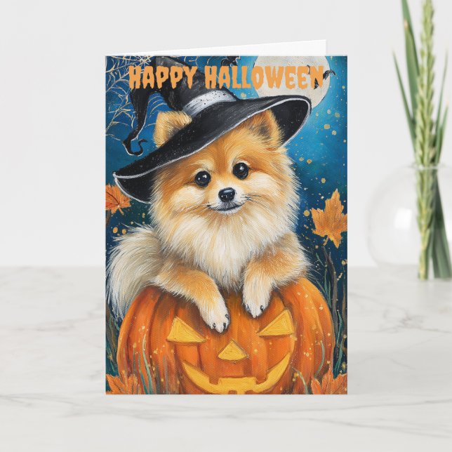 Cartão De Festividades Cão Pomerânia no Halloween (Frente)