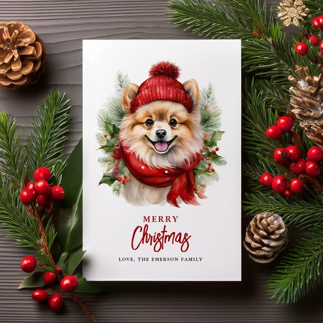 Cartão De Festividades Cão Pomerano de Natal com Aquarela (Criador carregado)