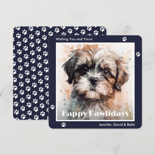 Cartão De Festividades Cão Shih Tzu Água Azul Natal Aguarela (Frente/Verso)
