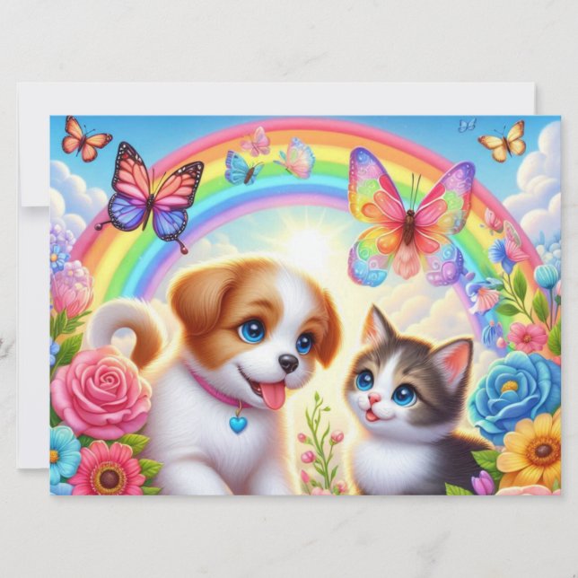 Cartão De Festividades Cãozinho/cachimbo/arco-íris de gatinho (Frente)