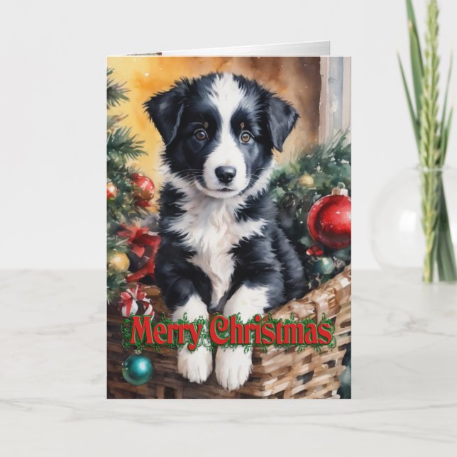 Cartão De Festividades Cãozinho Collie de Natal numa cesta (Frente)
