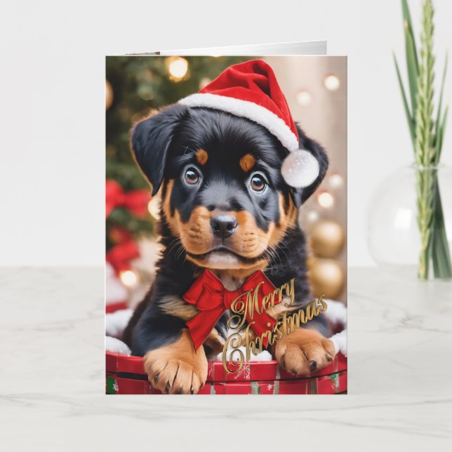 Cartão De Festividades Cãozinho de Natal Rottweiler numa cesta (Frente)