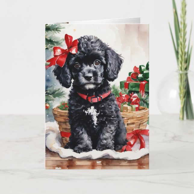 Cartão De Festividades Cãozinho de Poodle de Natal (Frente)