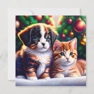 Cartão De Festividades Cãozinho e gato bonitos debaixo da árvore de Natal