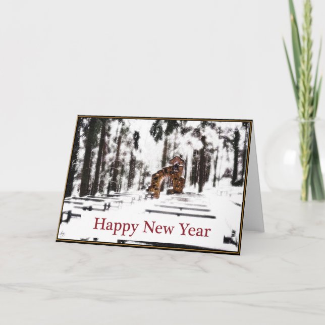 Cartão De Festividades Capela da Floresta em Feliz ano novo Neve Brilhant (Frente)