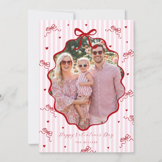 Cartão De Festividades Caprichoso Laço Rosa Vermelho Coração Feliz Dia do (Frente)