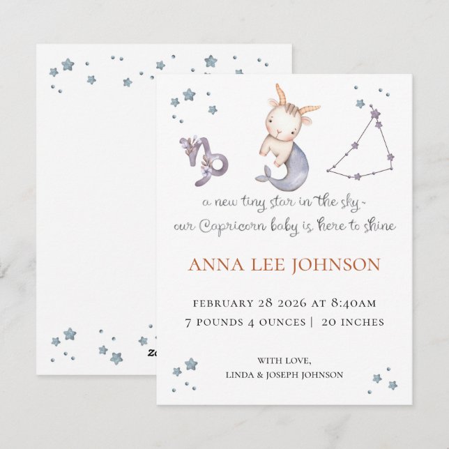 Cartão De Festividades Capricorn Zodiac Birth Announcement (Frente/Verso)