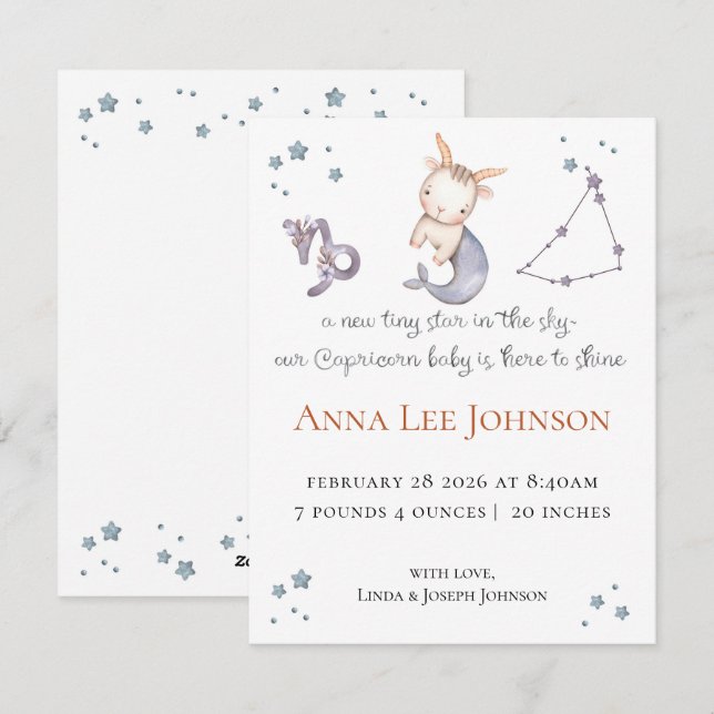 Cartão De Festividades Capricorn Zodiac Birth Announcement (Frente/Verso)