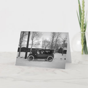 Cartão De Festividades Car with Christmas tree tied on the hood