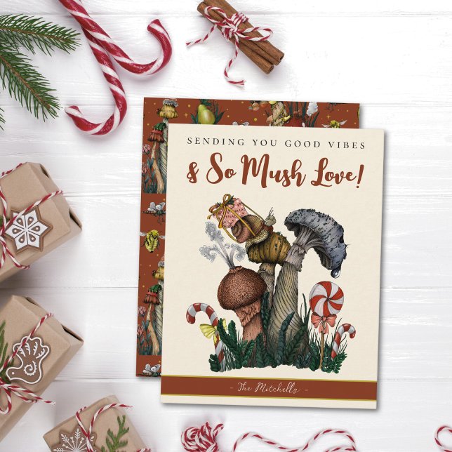 Cartão De Festividades Caracol Festivo em Cogumelos Boas Víbias Natal Ho (Sending you good vibes and so mush love christmas flat card with a snail with a gift on a mushroom)