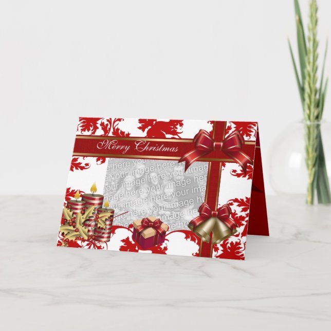 Cartão De Festividades Card Merry Xmas Add Photo Red White Christmas (Frente)