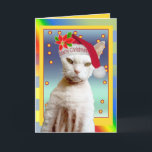 Cartão De Festividades Card | Rex Cat Santa Meow Christmas<br><div class="desc">Cute Pets Greeting Cards by Sequin Dreams. 
 Photographs taken of my furry friends.
 Card Description: Fun Rex Cat Santa Christmas Card. 
 Card text: inside card says "Meow Christmas" 
 Model: Devon Rex Cat named Casper. 
 Copyright © 2012 Ange Irwin

 Links to Sequin Dreams other stores on Zazzle.com.</div>