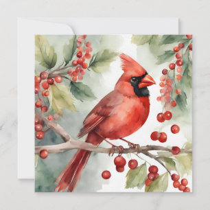 Cartão De Festividades Cardeal Vermelho e Berries, a aquarela natalina