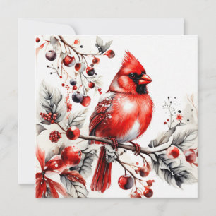 Cartão De Festividades Cardeal Vermelho em Aquarela no Ramo de Frutas