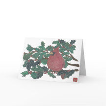 Cardinal, Holly Tree, Holiday Greeting Card