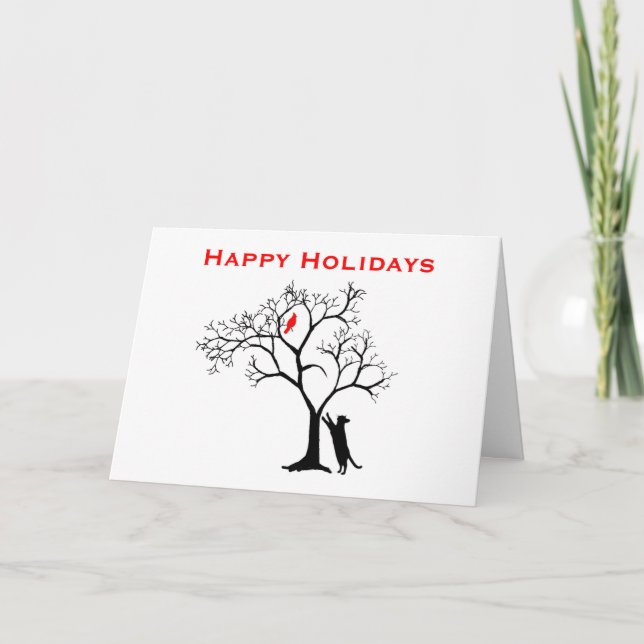 Cartão De Festividades Cardinal Red Bird in Snowy Winter Tree & Cat Card (Frente)