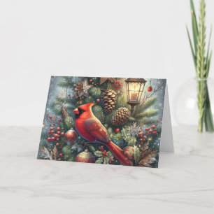 Cartão De Festividades Cardinal Vermelho de Inverno com Lanterna de Natal