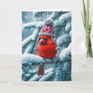 Cartão De Festividades Cardinal Vermelho de Natal Usando Chapéu de Invern