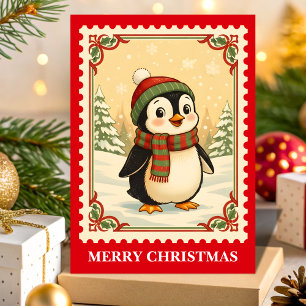Cartão De Festividades Carimbo Pinguim-Natal Retro