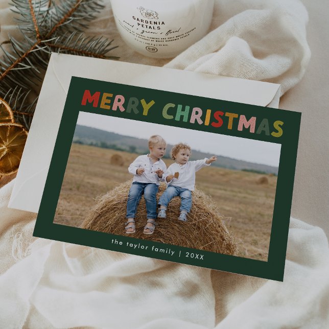 Cartão De Festividades CAROL Green Children Foto de Feliz Natal (CAROL Green Cute Children Photo Merry Christmas Holiday Card)