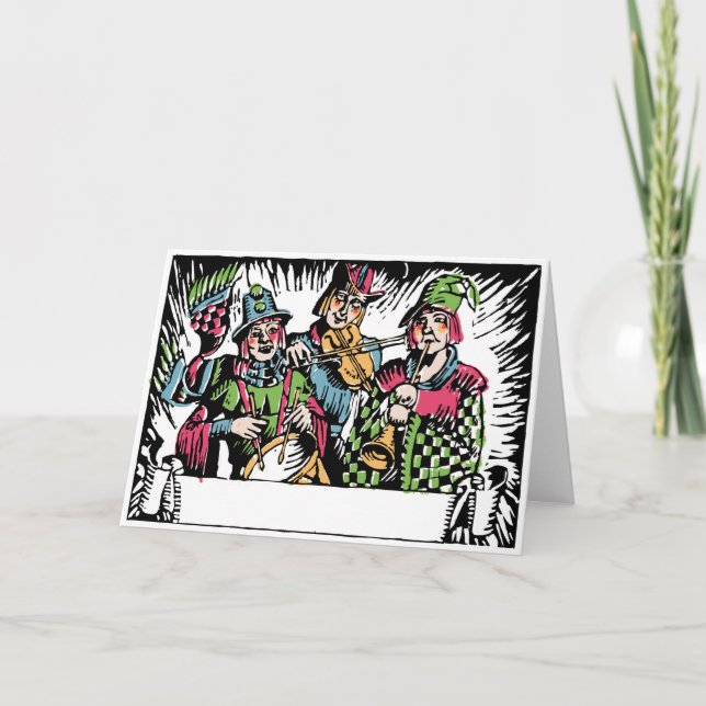 Cartão De Festividades Carolers do músico da rua do Woodcut de Deco (Frente)