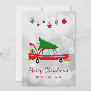 Cartão De Festividades Carregando de carro vermelho retrô em árvore de 