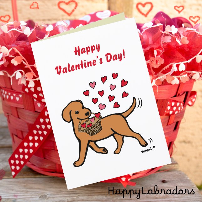 Cartão De Festividades Carregando Fox Red Labrador Namorados (Fox Red Labrador Carrying Hearts Valentine Card for Labrador Owners.  Cute Cartoon Design.)