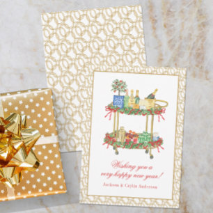 Cartão De Festividades Carrinho de Bar de Champagne Watercolor Ano Novo