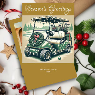 Cartão De Festividades Carrinho de Golfe Decorado ・ Foto Dourada