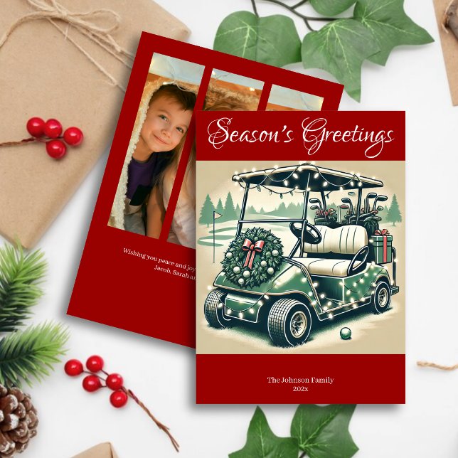 Cartão De Festividades Carrinho de Golfe Decorado • Foto Vermelho Brilhan (Criador carregado)