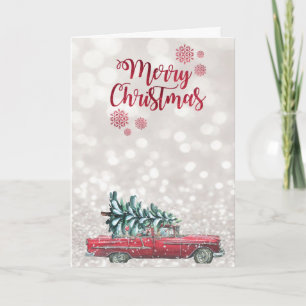 Cartão De Festividades Carro Antigo Árvore de Pinheiro, Bokeh Brilhante