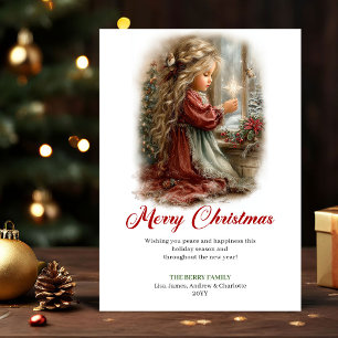 Cartão De Festividades Carro de Natal Cena de Inverno de Menina Pequena e