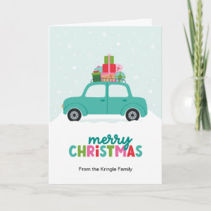 Cartão De Festividades Carro de Natal com Presentes em Azul Água