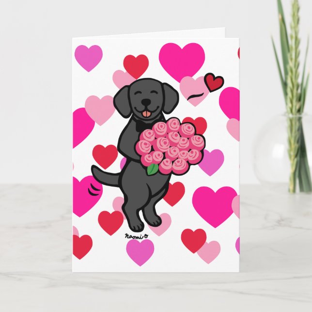 Cartão De Festividades Carro de Rosas de cartoon Black Labrador (Frente)