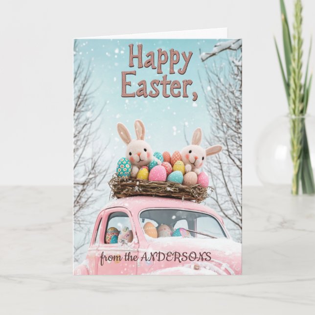 Cartão De Festividades Carro e dois coelhos cheios de ovos de Páscoa (Frente)