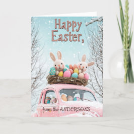 Cartão De Festividades Carro e dois coelhos cheios de ovos de Páscoa